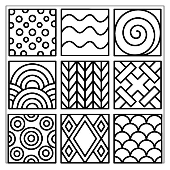 A three by three grid of squares each with a different simple motif, coloring page
