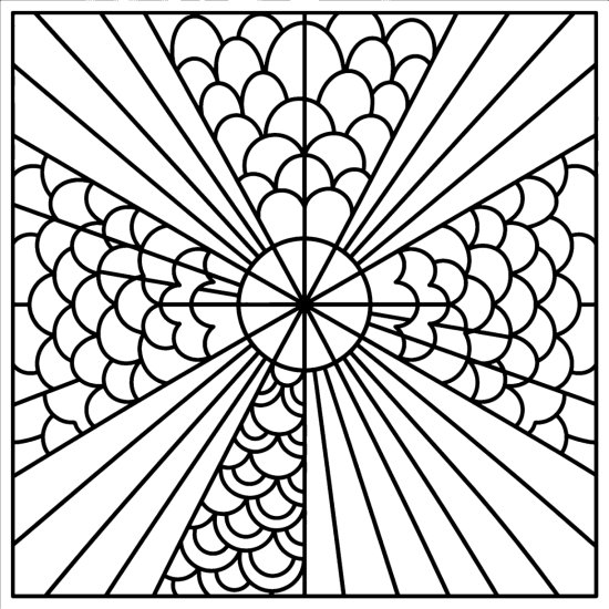 Six radiating wedges alternating sunburst lines and scallops around a center, coloring sheet