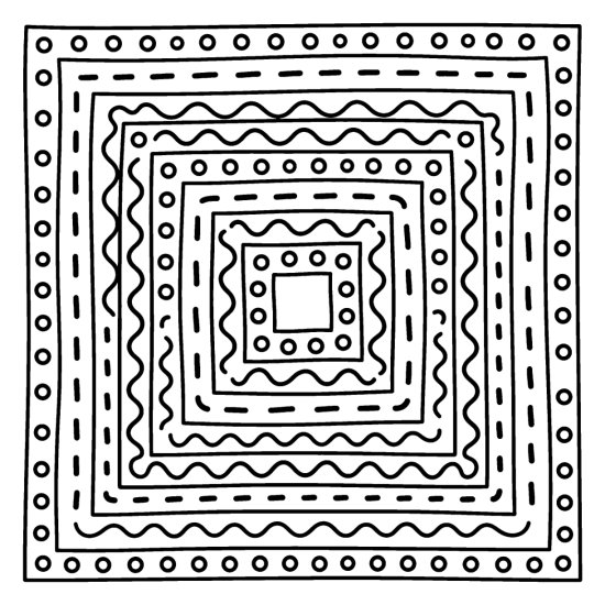 Nested concentric squares banded with dots, dashes and waves, bold and easy