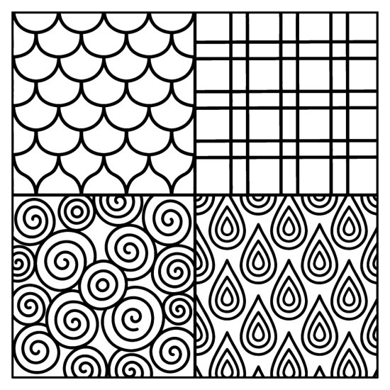 Quadrants of fish scales, plaid, spirals and teardrops in bold lines, coloring sheet