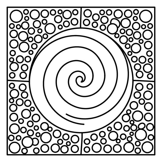 A big central spiral framed by corners of round dots in bold outlines, bold and easy