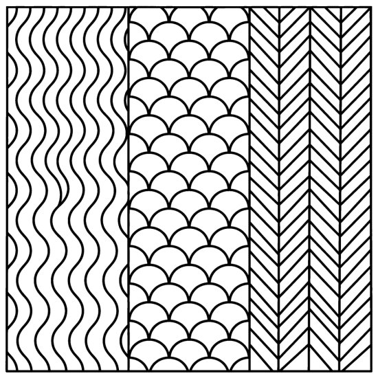 Three vertical bands of wavy lines, scallops and chevrons in bold lines, coloring sheet