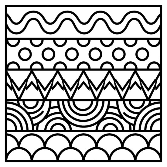 Five horizontal bands of waves, dots, zigzags, arcs and scallops, coloring page