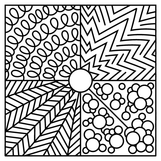 Pinwheel wedges of chevrons, bubbles, herringbone and loops, coloring sheet