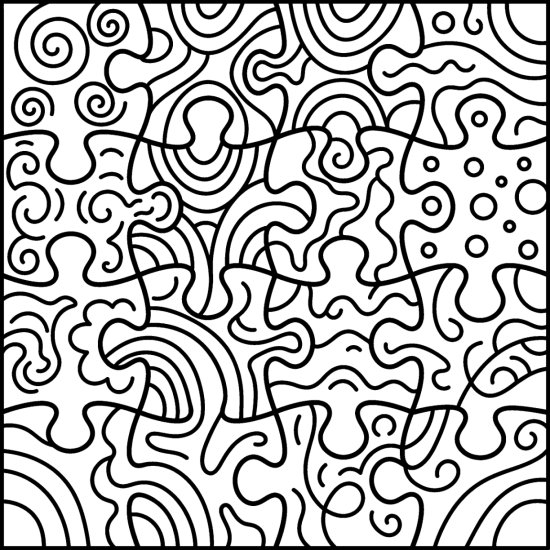 Curved puzzle sections of swirls, arcs, waves and dots in bold lines, bold and easy