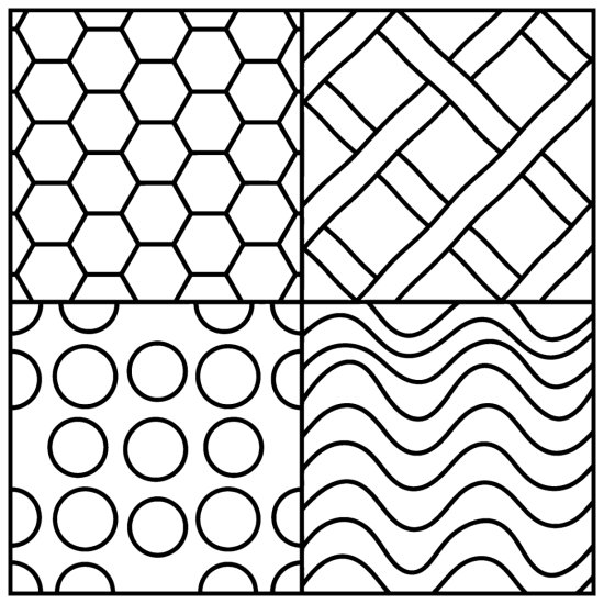 Quadrants of honeycomb, woven ribbon lattice, dots and waves, coloring page