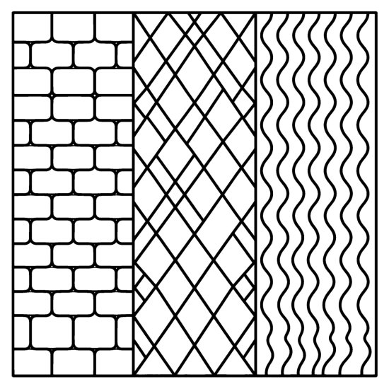Three bands of rounded bricks, a diamond lattice and wavy lines, coloring sheet