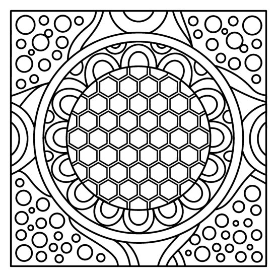 A central honeycomb circle ringed by arcs with dotted corners, bold and easy