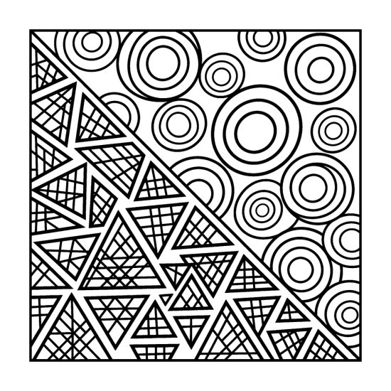 A diagonal split of crosshatched triangles against concentric circles, coloring page