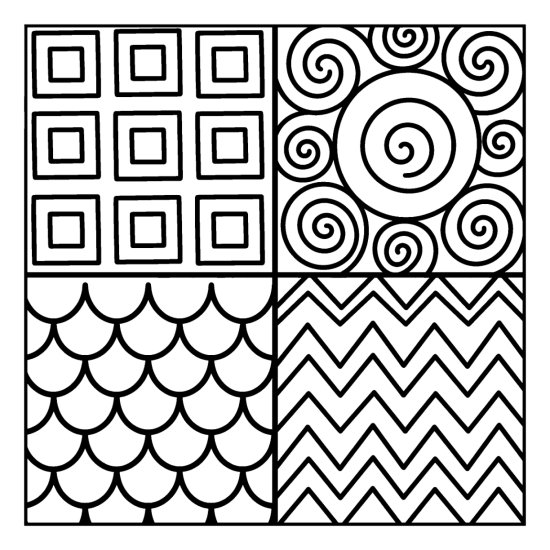 Quadrants of nested squares, spirals, scallops and zigzags in bold lines, coloring sheet