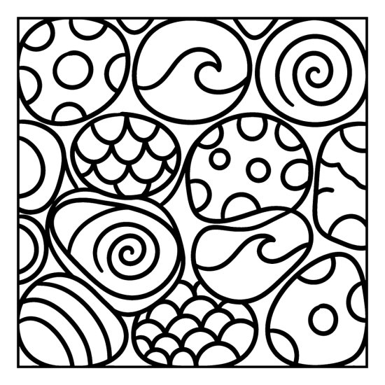 A mosaic of large pebbles each holding a dot, wave or spiral motif, coloring page