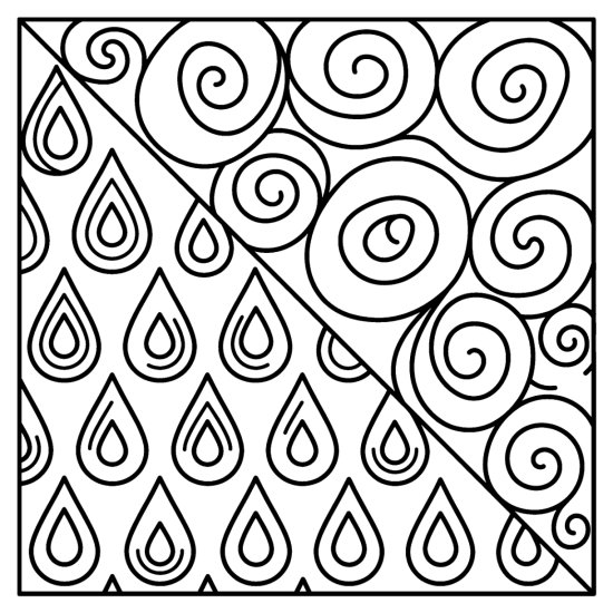A diagonal split of big spirals and rows of teardrops in bold outlines, bold and easy
