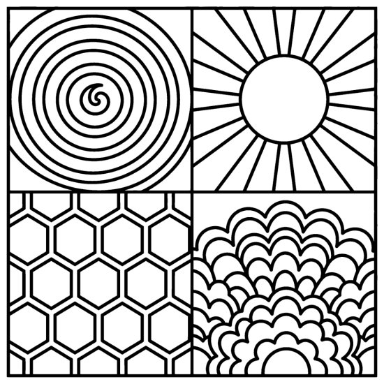 A two by two grid of a big spiral, sunburst, honeycomb and scallop fan, coloring sheet
