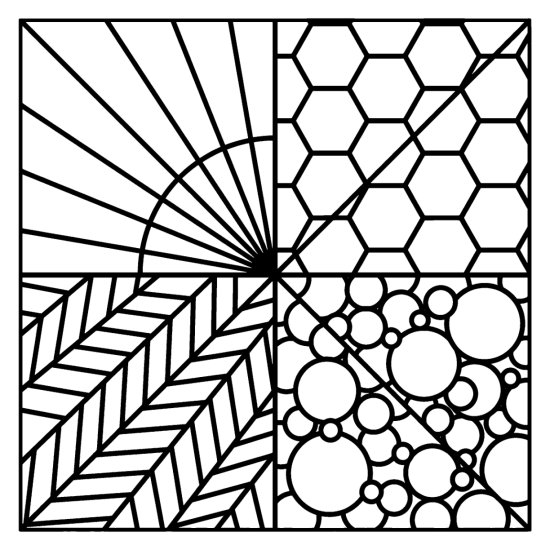 Pinwheel wedges of sunburst lines, honeycomb, bubbles and herringbone, coloring page