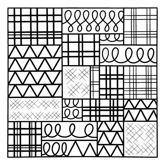 A grid of blocks holding plaid, loops, triangles and crosshatch in bold lines, coloring sheet