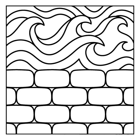 Two bands of rolling waves above rounded brick rows in thick outlines, bold and easy