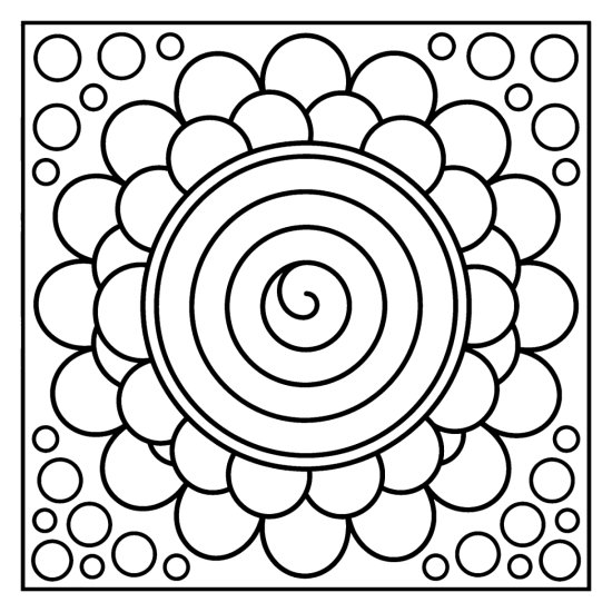A central spiral ringed by scalloped petals with open dot corners, coloring page