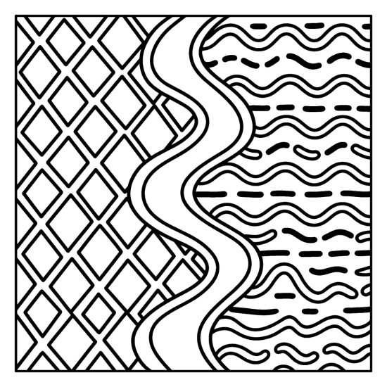A wavy center band splitting a diamond lattice from rows of wavy dashes, coloring sheet