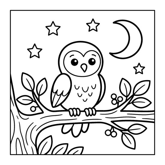 An owl perches on a branch under a crescent moon and stars, bold and easy