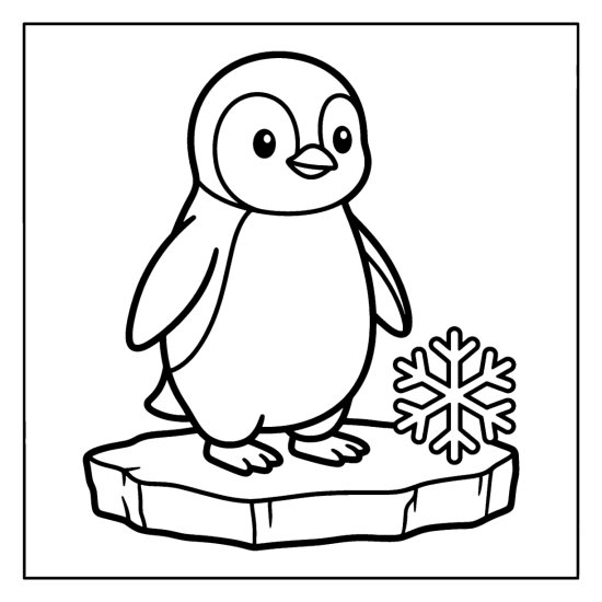 A penguin stands on a small block of ice beside a snowflake, coloring page
