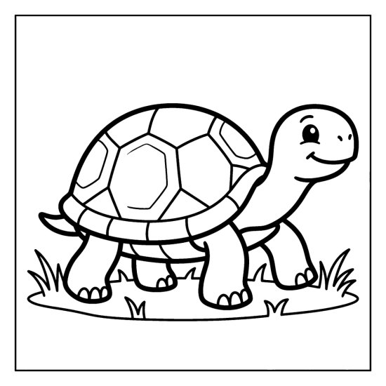 A turtle with a patterned shell walks on grass, coloring sheet