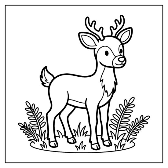 A deer with small antlers stands among ferns, coloring sheet
