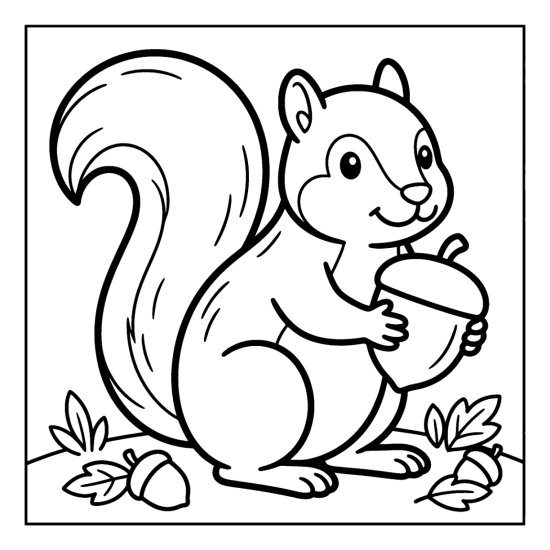 A squirrel sits up holding an acorn with its bushy tail raised, bold and easy