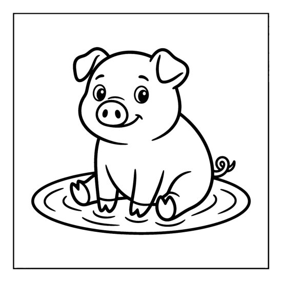 A round pig sits in a simple mud puddle, coloring page