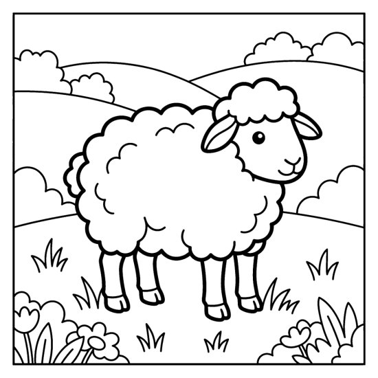 A fluffy sheep stands in a grassy meadow, bold and easy