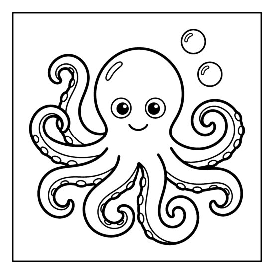 An octopus with eight curling tentacles floats with two bubbles, coloring page