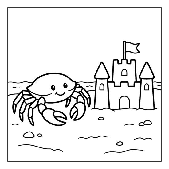 A crab stands on the sand beside a small sandcastle, coloring sheet