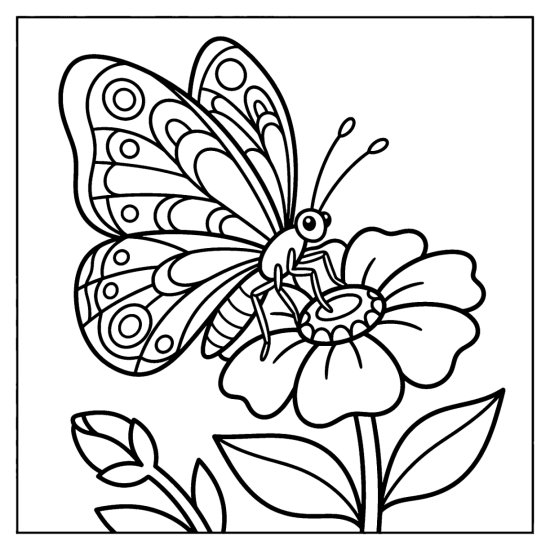 A large butterfly with patterned wings rests on a flower, bold and easy