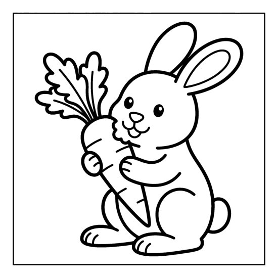 A rabbit holds a large carrot with leafy top, coloring page