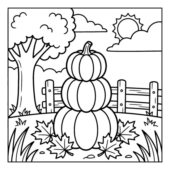 Three stacked pumpkins surrounded by scattered maple leaves near a fence, coloring sheet