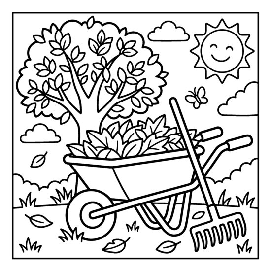 Wheelbarrow heaped with leaves beside a rake under a smiling sun, coloring page