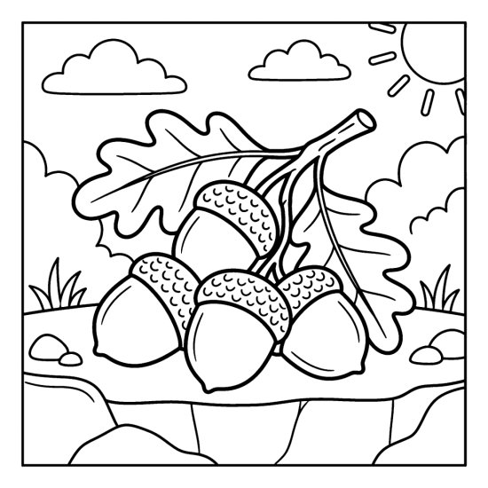 Cluster of plump acorns with caps and an oak leaf on the soil, coloring sheet