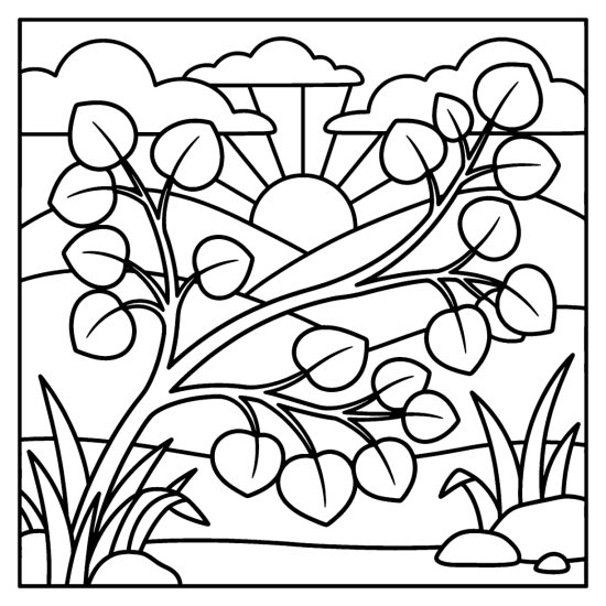 Aspen branch of round quaking leaves before rolling hills and a sun, coloring page