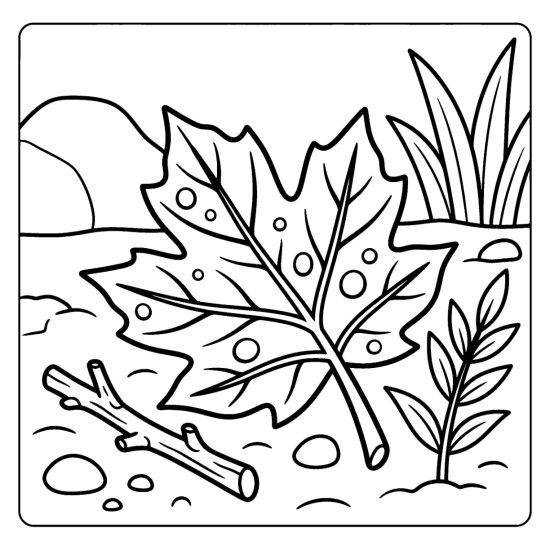 Single sycamore leaf with bold veins and dew drops on soft soil, coloring sheet