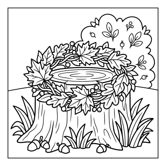 Woven crown of leaves resting on a flat tree stump amid grass, coloring page