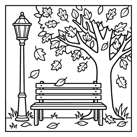 Park bench under a lamppost with leaves drifting from a nearby tree, coloring sheet