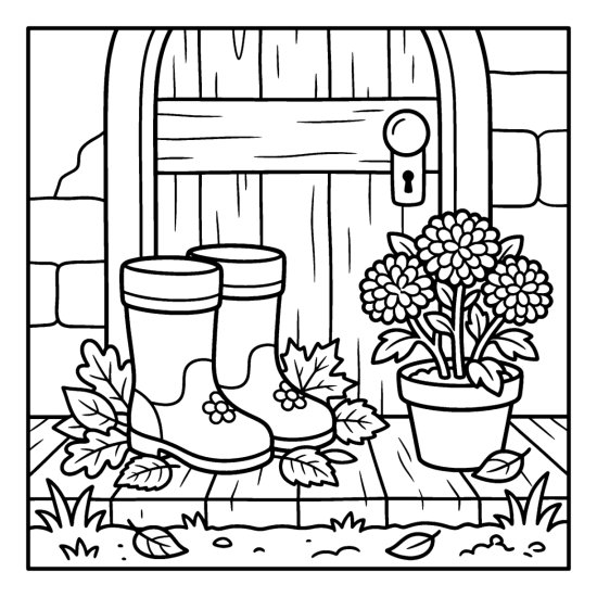 Pair of garden boots by a door with a potted mum and scattered leaves, coloring page