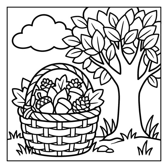 Woven basket brimming with leaves acorns and pinecones on grass, coloring sheet
