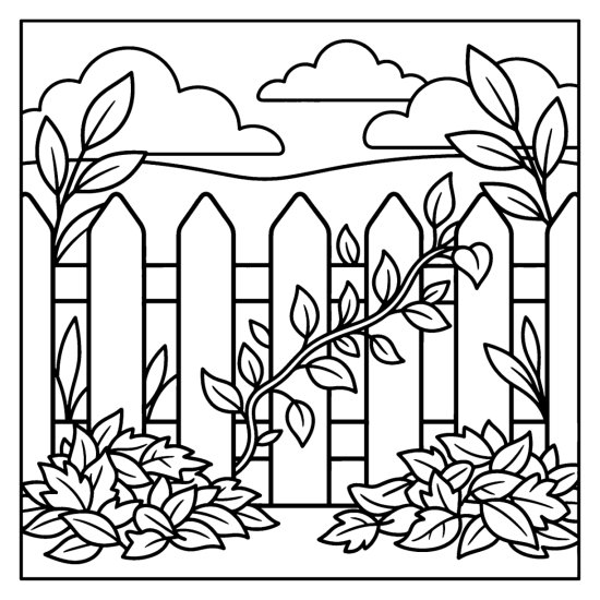 White picket fence with a leafy vine and piles of leaves along its base, coloring sheet