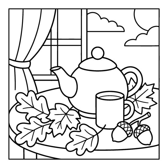 Round teapot and mug with autumn leaves and acorns on a table by a window, coloring page
