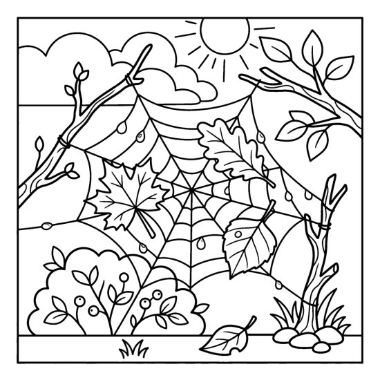 Autumn leaves caught in a dewy spider web strung between two twigs, coloring page
