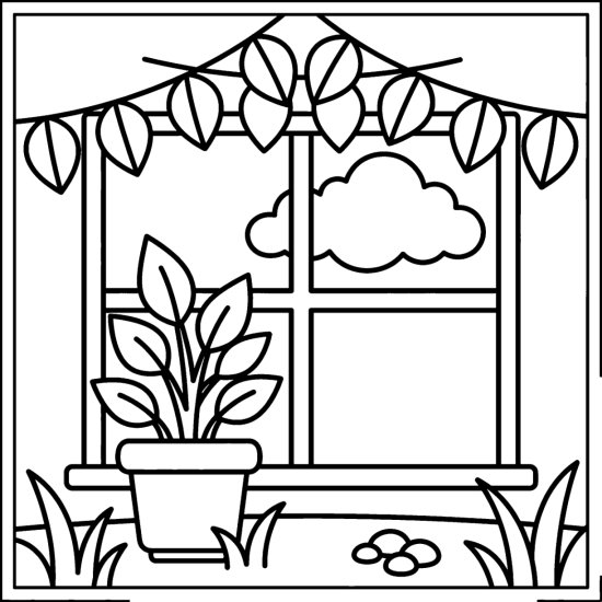 Leaf shaped bunting draped above a window with a potted plant on the sill, coloring sheet