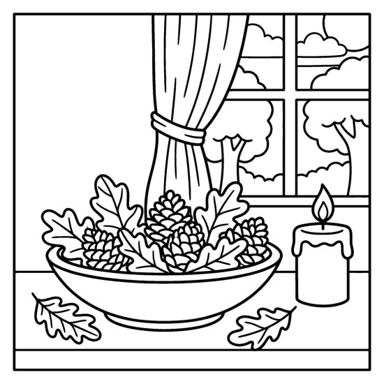 Shallow bowl of pinecones and oak leaves beside a candle near a window, coloring page