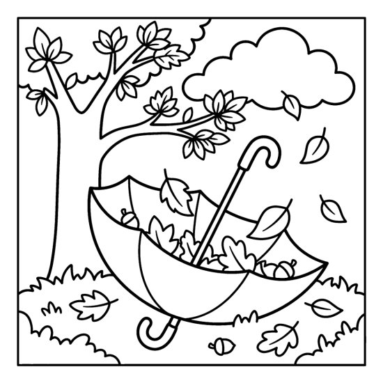 Upturned umbrella catching falling leaves on the grass beside a tree, coloring sheet