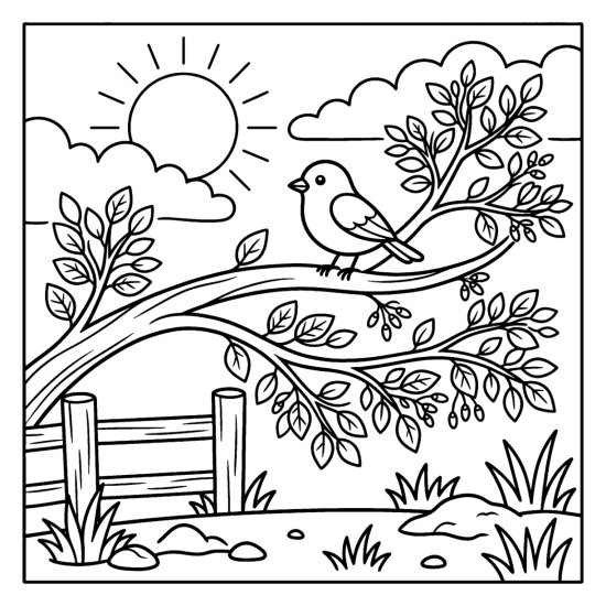 Small bird perched on a long elm branch full of leaves under the sun, coloring page