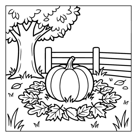 Single round pumpkin encircled by fallen leaves before a low fence, coloring sheet